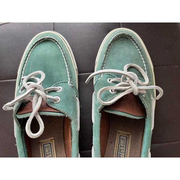 Vintage Men's Sperry Rand Leather Turquoise Green Top-Sider Gray Leather Tie Siz - Picture 2 of 10